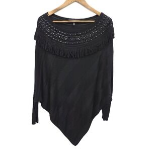 White House Black Market Womens M Black Fringe Knit Poncho Boho‎ Sweater Top